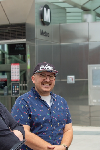 Photo of Adam Linder outside of the Little Tokyo Metro Station in LA.
